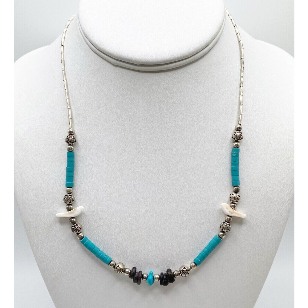 Vintage Southwest Style Silver Tone Fetish Necklace Blue Black Carved Birds 19"